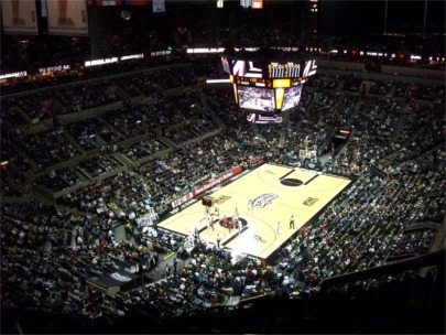 View of HemisFair Arena, home of the San Antonio Spurs NBA basketball team,  taken from the nearby Tower of the Americas in San Antonio, Texas